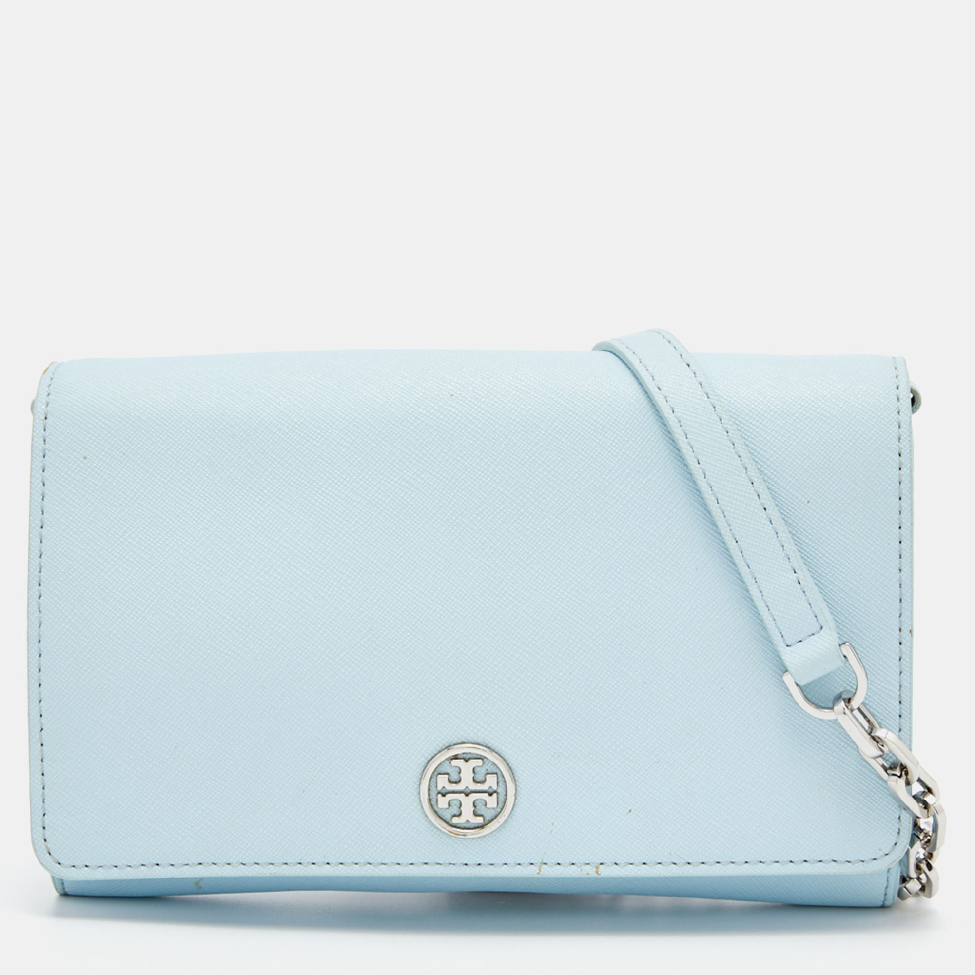 Tory Burch Light Blue Saffiano Leather Robinson Wallet On Chain